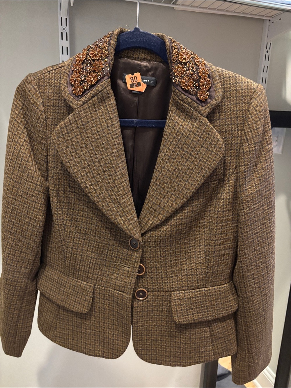 Banana Republic Brown Plaid Embellished-Collar Blazer